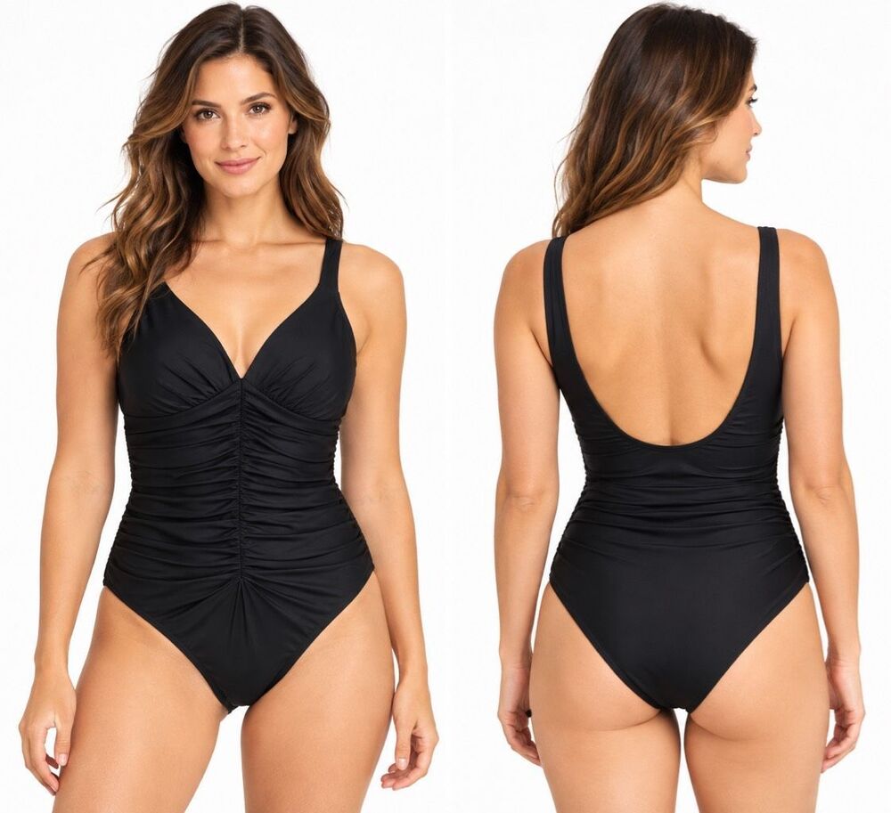 Miraclesuit Black Ruched Wrap One Piece Swimsuit Tummy Control Shaping Size 10